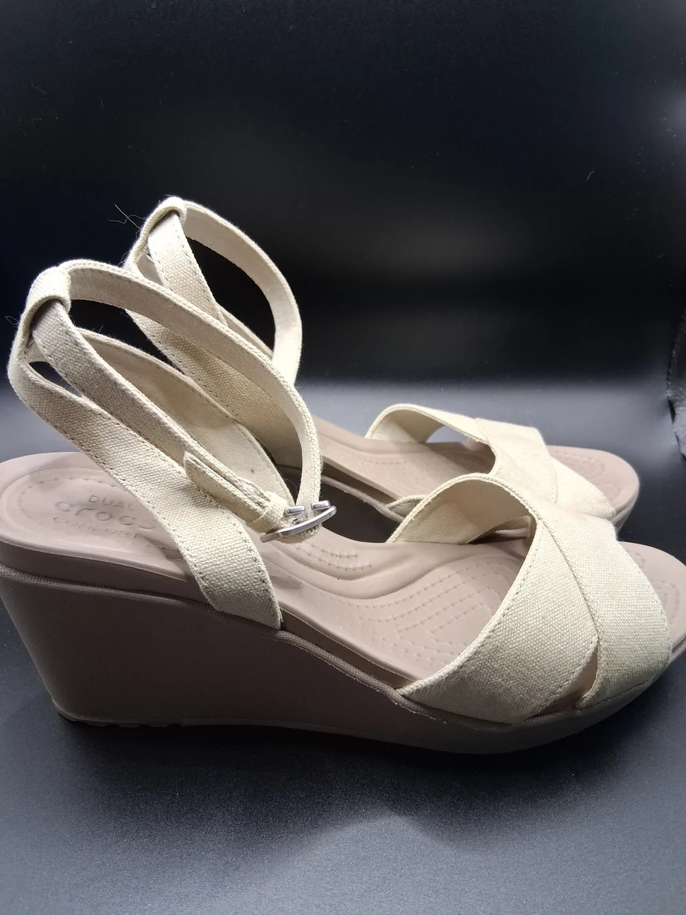CROCS Cream Canvas Wedge Sandals with Ankle Strap - Picture 3 of 11
